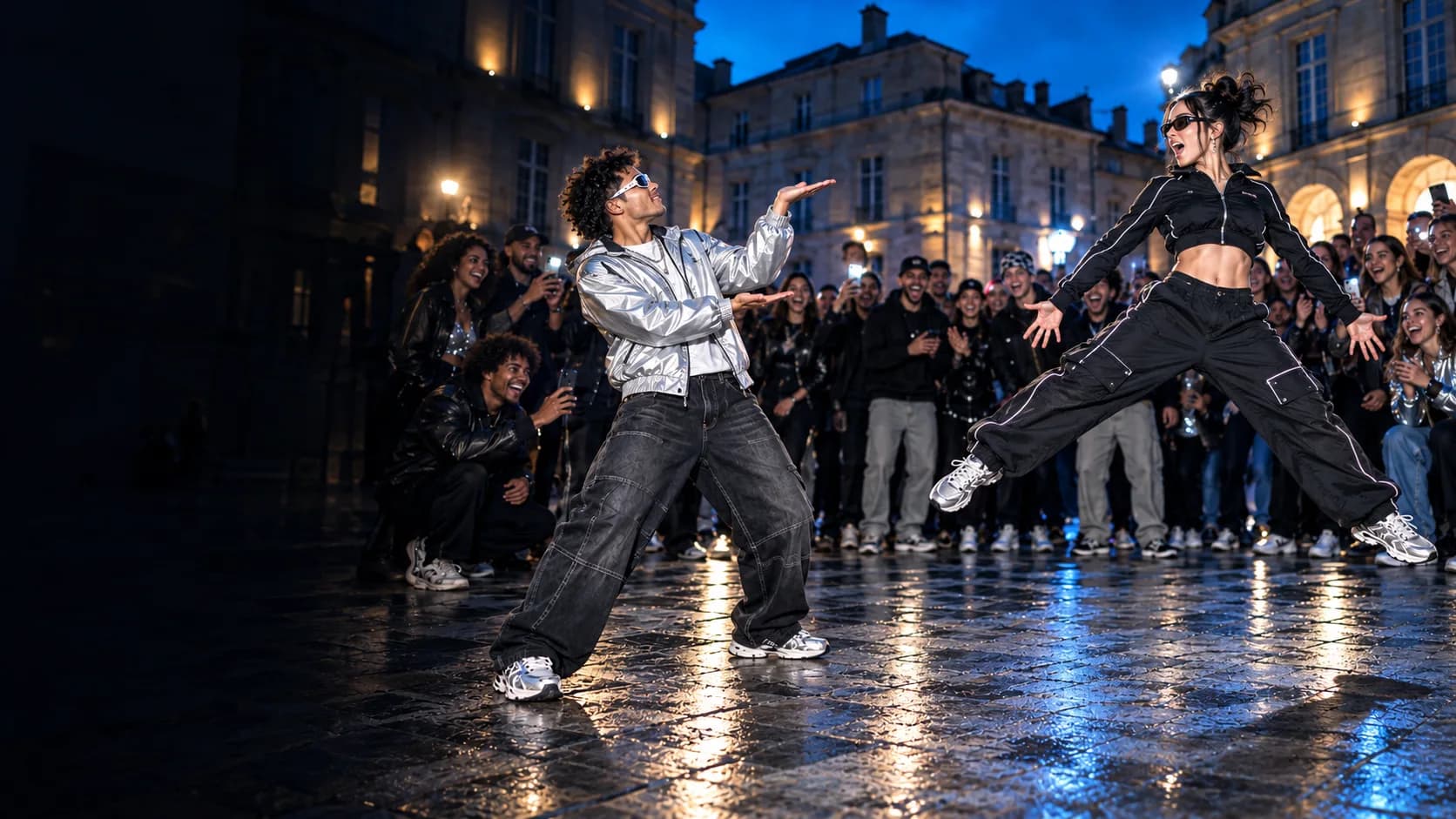 Visuel promotionnel : deux participants prennent des poses théâtrales devant une foule enthousiaste